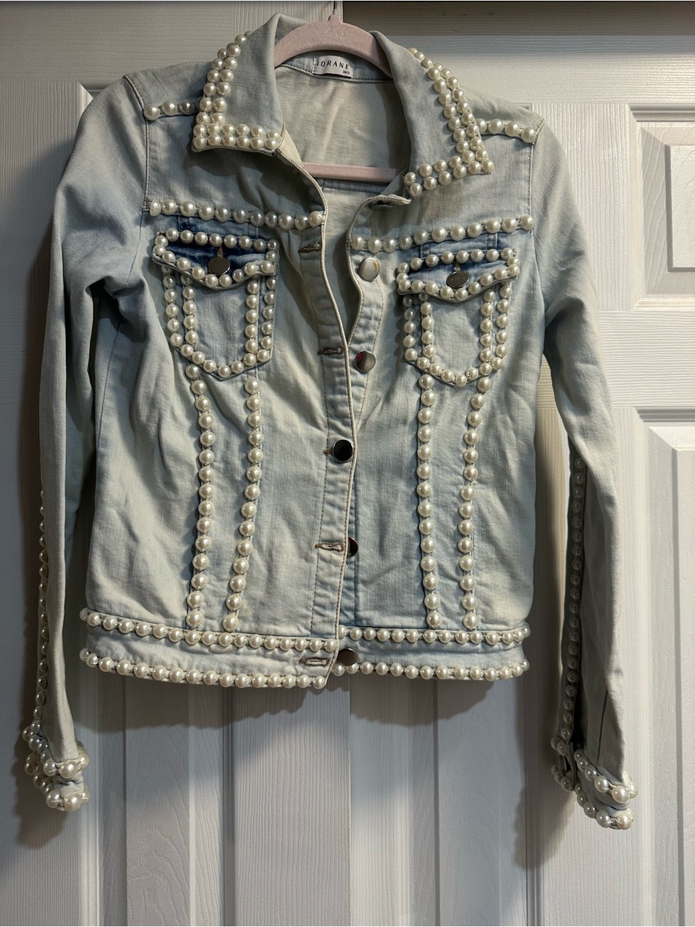 Pearl-Embellished Light Blue Denim Jacket by J. Crew